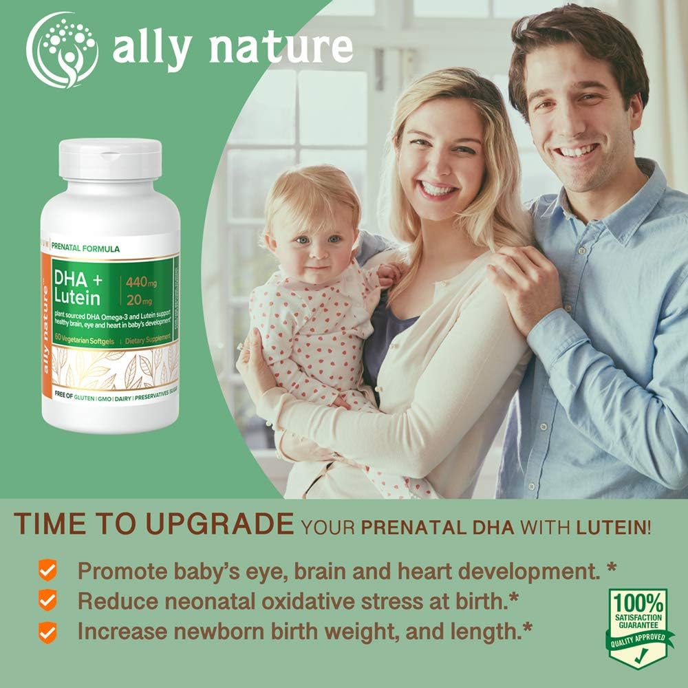 Vegan Prenatal DHA 440mg - 임신을위한 Lutein 20mg - 임신 여성을위한 Non-GMO Prenatal Multivitamin - 건강한 두뇌, 눈 및 아기의 발달에서 심장 - 60 Softgels