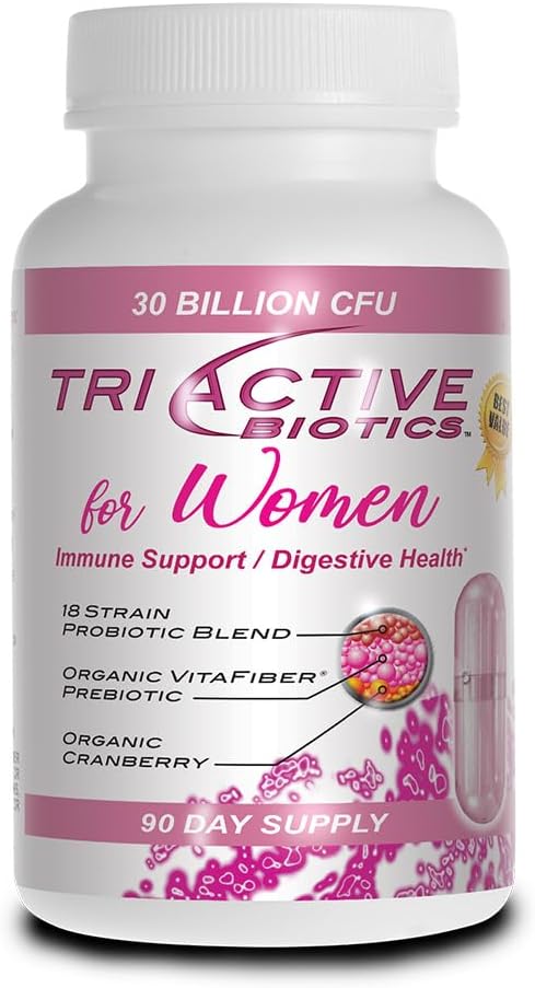 여성을위한 필수 소스 Triactive Biotics - 18 Strains, Organic VitaFiber Prebiotic & Cranberry를 가진 여성을위한 Probiotics는 소화 지원, 면역 방어, Urinary, Vaginal Health - 90 캡슐