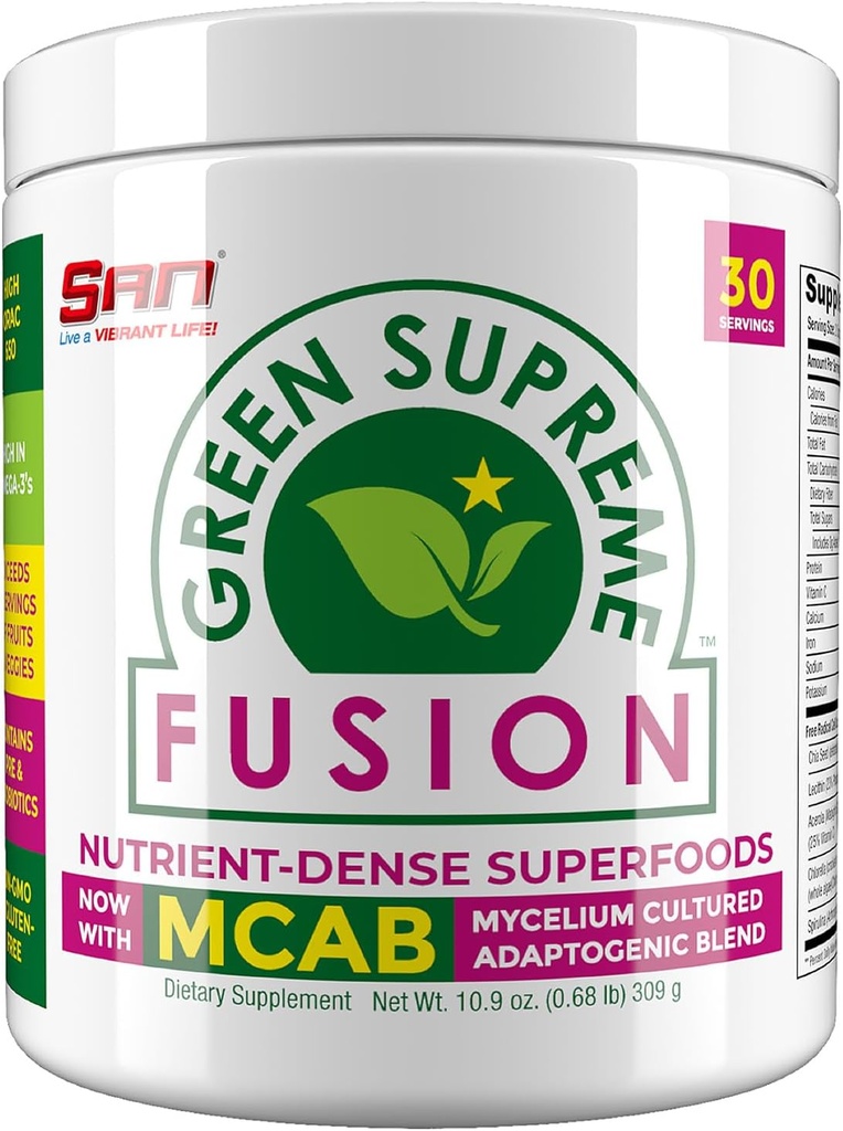 SAN Nutrition의 Green Supreme Fusion Blend Antioxidant : Spirulina, Chlorella, Adaptogenic Mushrooms, 30 서빙과 슈퍼 그린 스무디 믹스