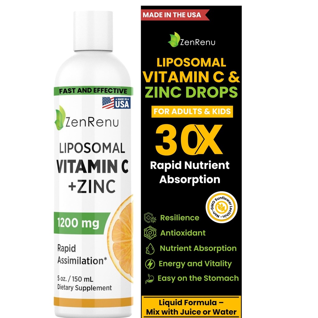 Zenrenu Liposomal 비타민 C와 성인 & 아이를 위한 아연 액체 음료 - 비 GMO 해바라기 Lecithin - 최대 산화 방지제 & 면역 지원, 5개 oz/150 ml