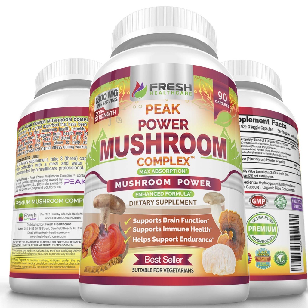 FRESH HEALTHCARE 버섯 보충 - 사자 Mane, Cordyceps, Reishi, 터키 꼬리 및 시take - 면역 및 두뇌 지원 - 피크 파워 버섯 보충 - 90 Vegan 캡슐