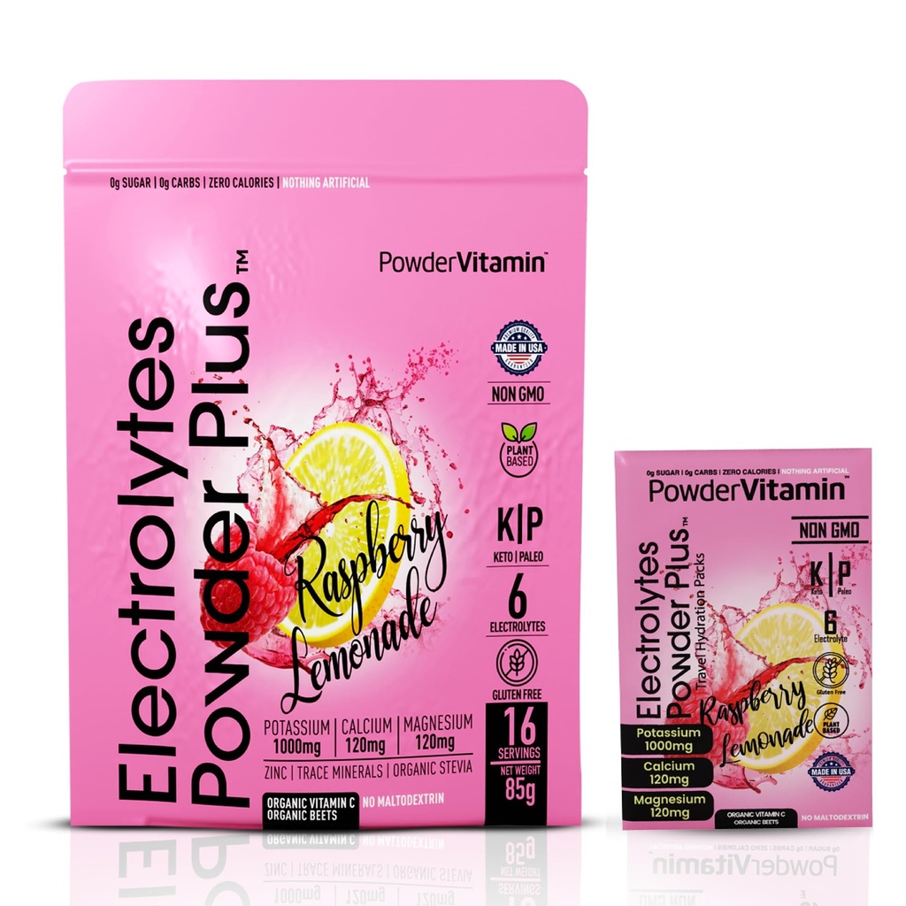 PowderVitamin Electrolytes 분말 플러스, Keto, 라즈베리 레몬, 설탕 무료, 핑크 히말라야 소금, 1000mg 칼륨, 120mg 칼슘, 120mg 마그네슘, 비 GMO, Zero Calories, (16 히말라야 소금)