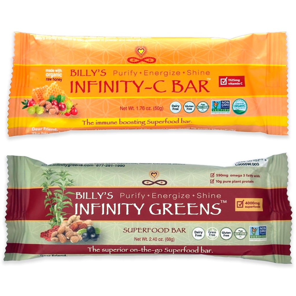 Infinity Greens 번들, 1 박스 그린 슈퍼 푸드 바 (12 팩), 1 박스 유기농 비타민 C 스낵 바 (12 팩)