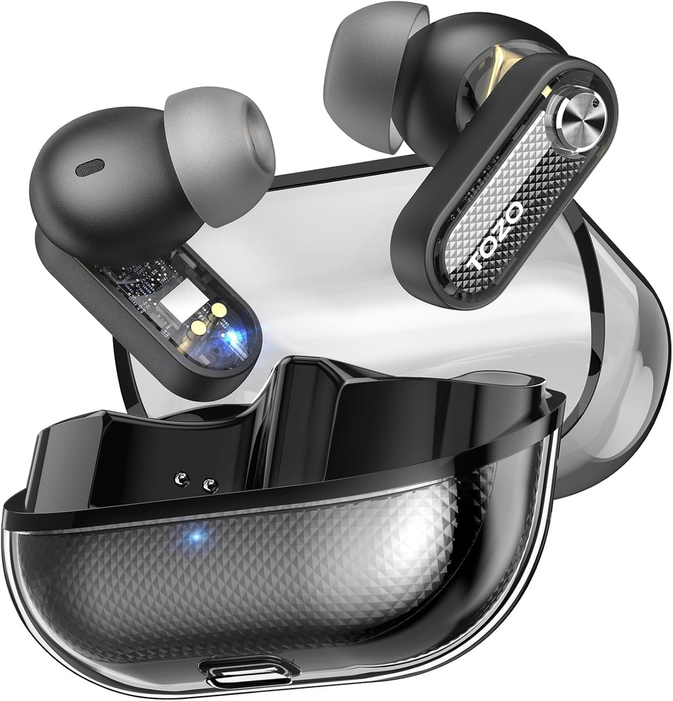 TOZO 수정같은 포드 잡종 활동적인 소음 취소 무선 Earbuds의 10mm 운전사 깊은 베이스 입체 음향 소리, 4 Mics 똑똑한 ENC AI 외침, App를 통해 32 EQ, Bluetooth 5.4 헤드폰, 크리스탈 케이스 디자인