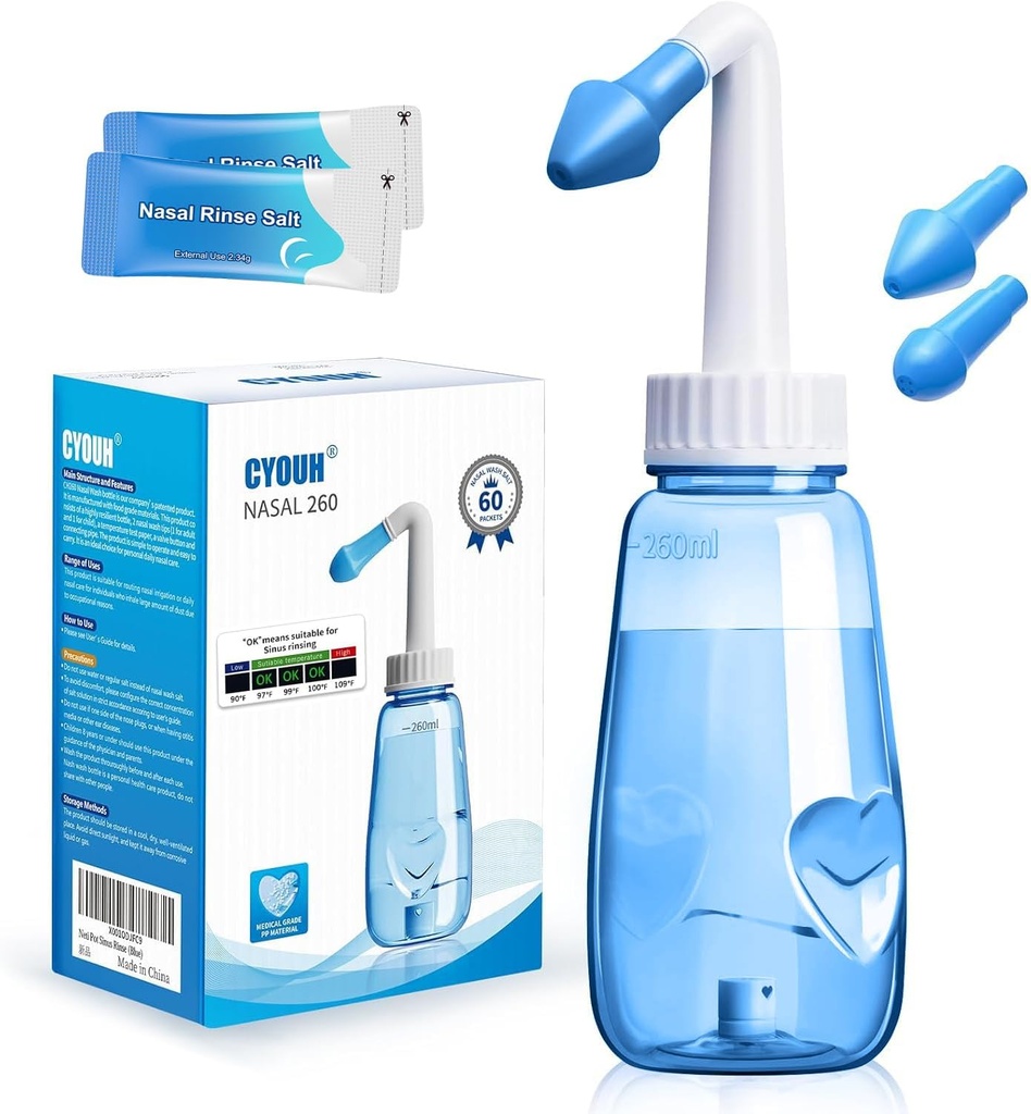 Neti Pot Sinus Rinse Bottle 260 ML with 60 Nasal Wash Salt Packets and Sticker Thermometer Nose Wash Cleaner 압력 Rinse Nasal Irrigation for Adult & Kid BPA 무료 (블루)