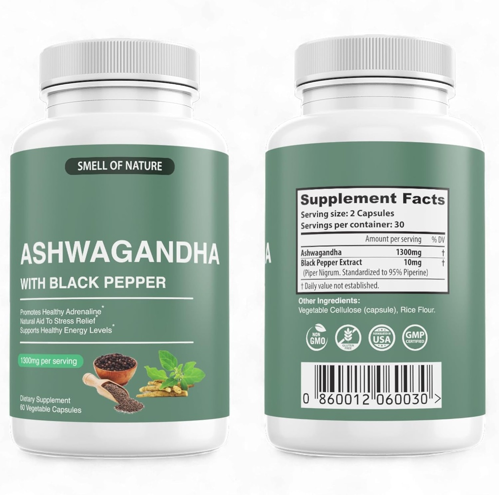 Nature 's Smell Organic Ashwagandha Supplements with Black Pepper Extract - 1300mg Pure Ashwagandha Extract - 에너지 지원 - 비 GMO, 글루텐 프리, 비건 - 60 캡슐