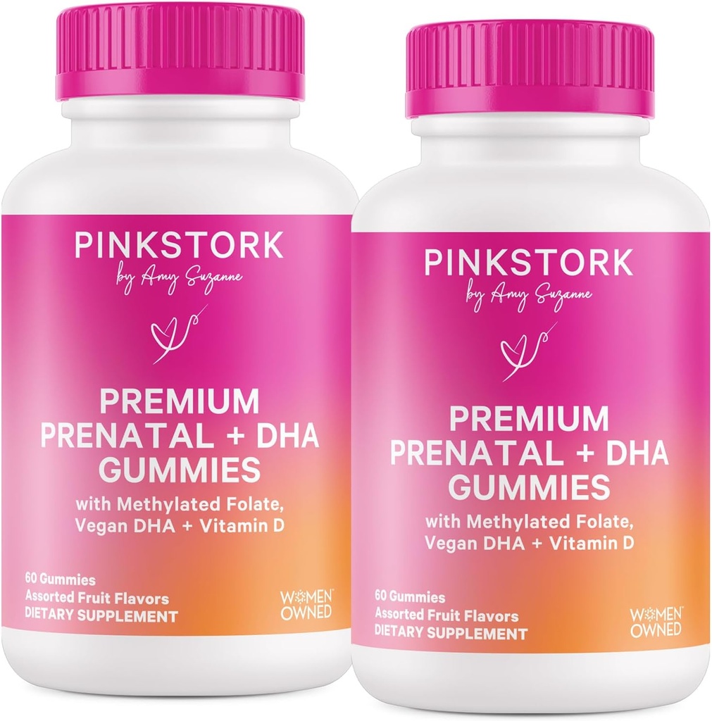 핑크 Stork 프리미엄 Prenatal Gummy 비타민 DHA, Folate 및 비타민 D - 60 Vegan Gummies - 2 팩