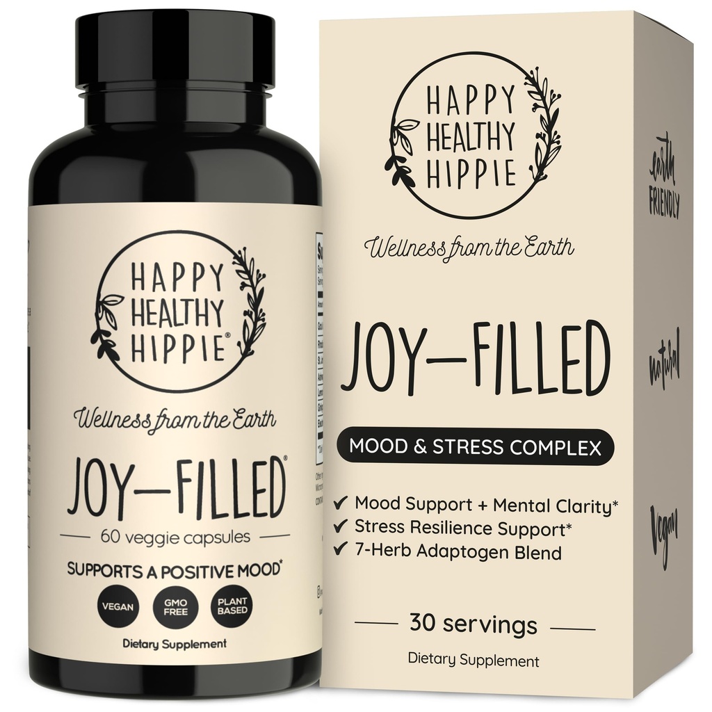 Joy-Filled Mood Support Supplement - 7 허브 Complex w / St. Johns Wort | 스트레스 완화 - Calm The Mind & Body 도움 | 100 % 식물 기반 행복한 알약, Ashwagandha, Rhodiola Rosea | Adaptogens, 60 Ct