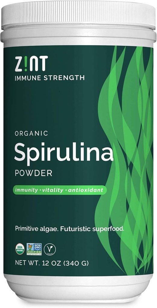 Zint Spirulina 분말, 유기 (12 oz): 프리미엄 면역 지원 보충교재, 파란 녹색 조류, 면제 부스터, 비 Irradiated 배건 단백질