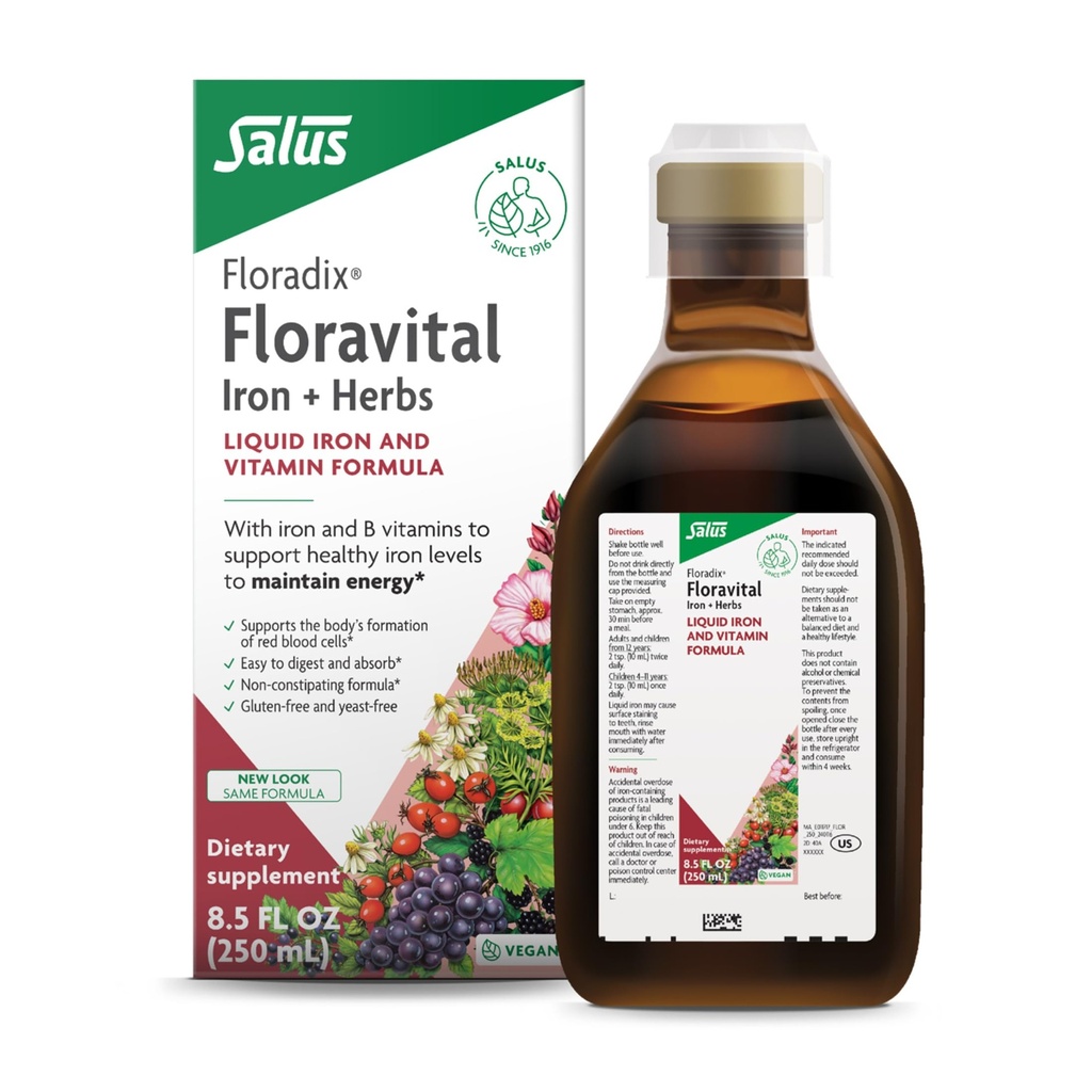 Floradix Floravital Liquid Iron & Vitamin Formula - 에너지 지원을위한 C & B 비타민 및 허브가있는 액체 철 보충 - Vegan, Gluten-Free, Yeast-Free & Non-GMO - 8.5 Fl Oz