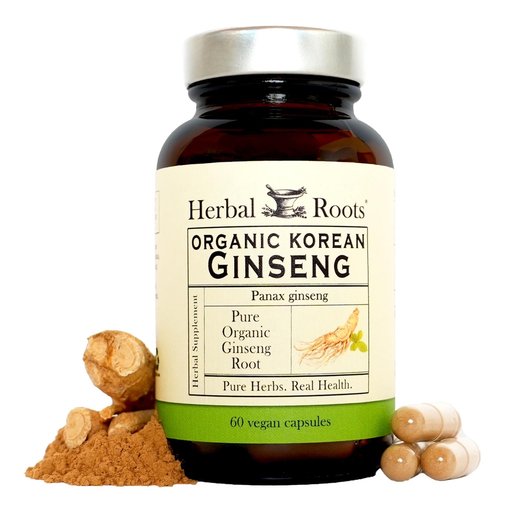 허브 루트 Panax 인삼 | 유기농 인삼 뿌리 분말 | 1000mg | 에너지 및 성능에 대한 높은 인세노사이드 | 60 Vegan 캡슐