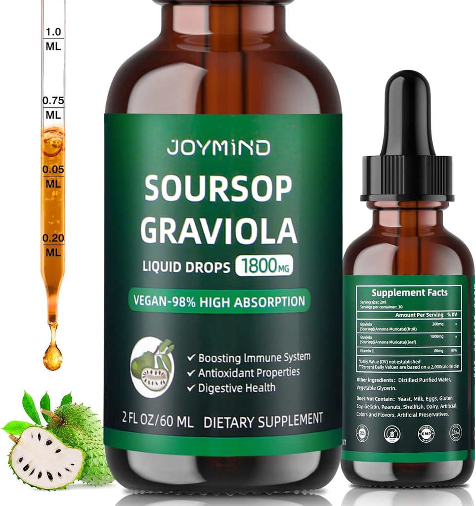 Graviola Soursop 잎 추출물 액체 - Soursop Bitters 액체, Immune Boost, Relax, Liver 및 Sleep, Vegan, Sugar & Gluten 무료, 98 % 흡수율, 천연 맛, 2 개월 공급 60ML