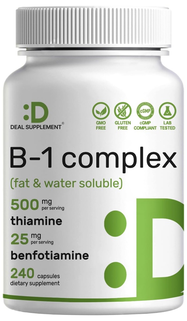Benfotiamine, 240 캡슐을 가진 DEAL SUPPLEMENT 비타민 B1 500mg – 1 강화한 공식에 대하여 2 – 지방 & 수용성 Thiamine B1 보충교재 – 제3자 시험되는, 비 GMO 없음, 글루텐 없음