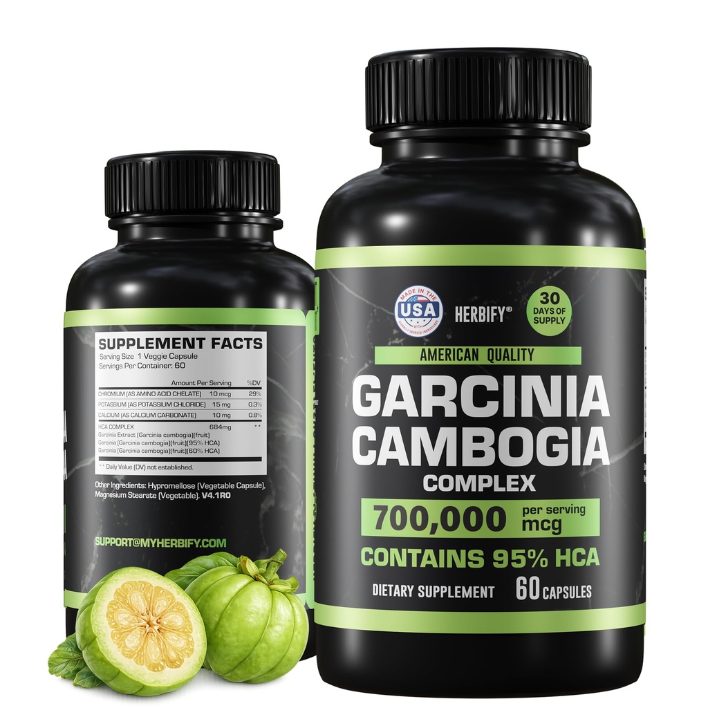HERBIFY Garcinia Cambogia Wellness Support Supplement for Women & Men - Antioxidant Properties - 매일 활력과 소화 지원을위한 에너지 부스터 - 60 조사