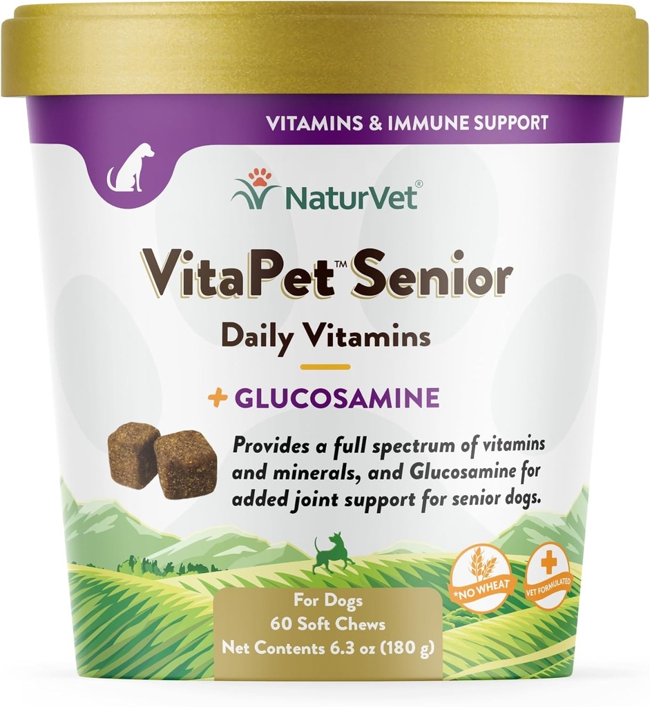 NaturVet VitaPet Senior Daily Vitamins Plus Glucosamine for Dogs, 60 ct Soft Chews, 글로벌 소스 성분으로 미국에서 만든