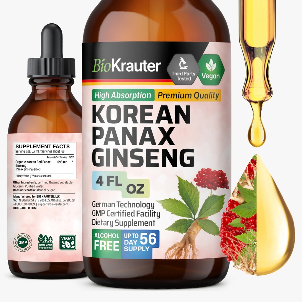 BIO KRAUTER 한국 빨간 인삼 추출물 액체 - 알콜 & 설탕 자유로운 Panax 인삼 보충교재 - Vegan Immune 지원 보충교재 - 4 Fl. Oz.