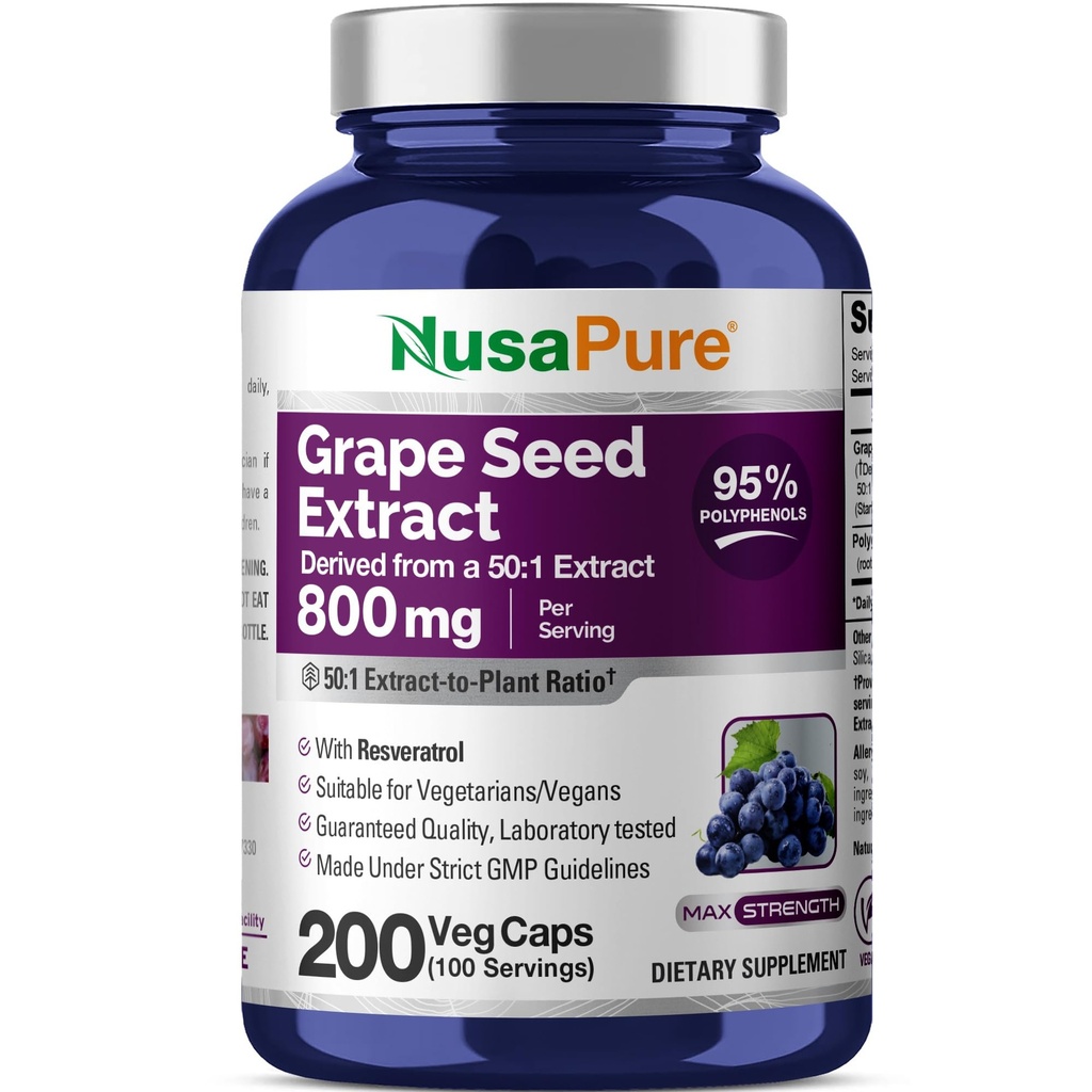 NusaPure 포도씨 추출물 모자 당 40,000mg, 200 Vegan 캡슐, 표준화되는, 비 GMO, 글루텐 자유로운, Resveratrol