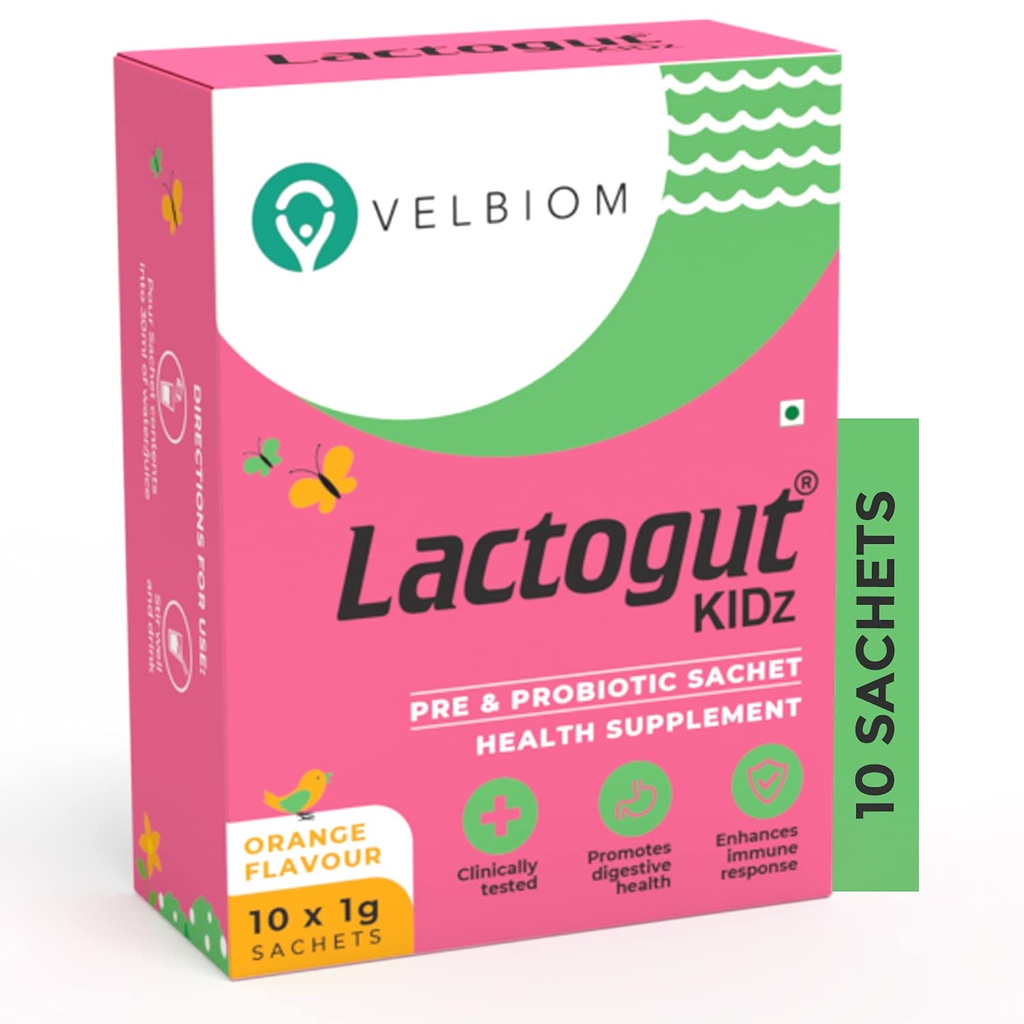 Lactogut Kidz Probiotics Powder for Kids는 어린이 구트 건강, 전반적인 웰빙 및 면역 Vegan Clinically Proven - 1Gx10 Sachets (오렌지 플라보우)