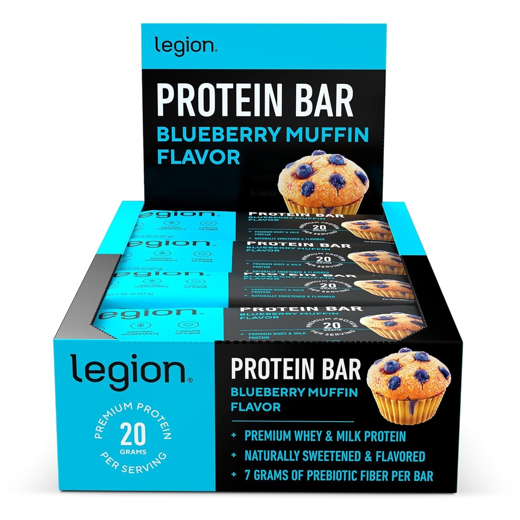 Legion Protein Bar Blueberry Muffin - 100 % Whey Protein, Prebiotic Fiber가있는 Soy Free Protein Bar - 저지방 건강한 단백질 바 - 글루텐 무료, 자연적으로 맛, 낮은 설탕 단백질 바 (12 개)