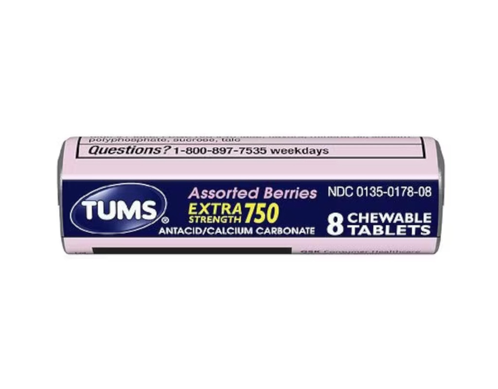Tums 여분 힘 750 칼슘 보충교재 칼슘 부유한 구색된 향미료를 가진 Antacid - 8개의 Chewable 정제의 24의 소형 크기 목록 각 목록 (192 Chewable 정제 합계)