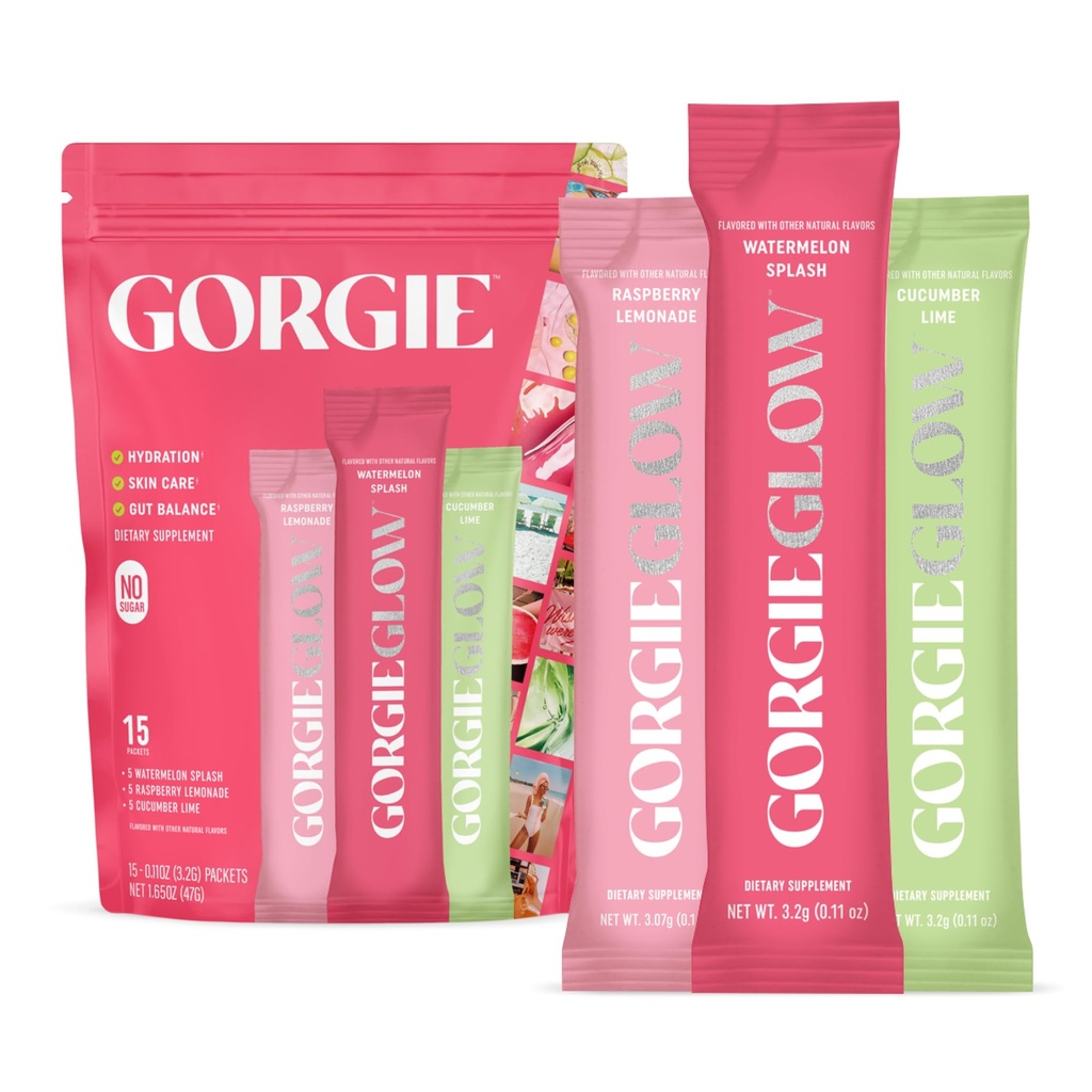 GORGIE Glow 다양성 팩 15 지팡이, 전해질 분말 건강한 음료 혼합, w/Hyaluronic 산, Aquamin, 비타민 C & D, Probiotics, 설탕 없음, Hydration, 피부 관리 및 Gut 균형을 위한 산화 방지제