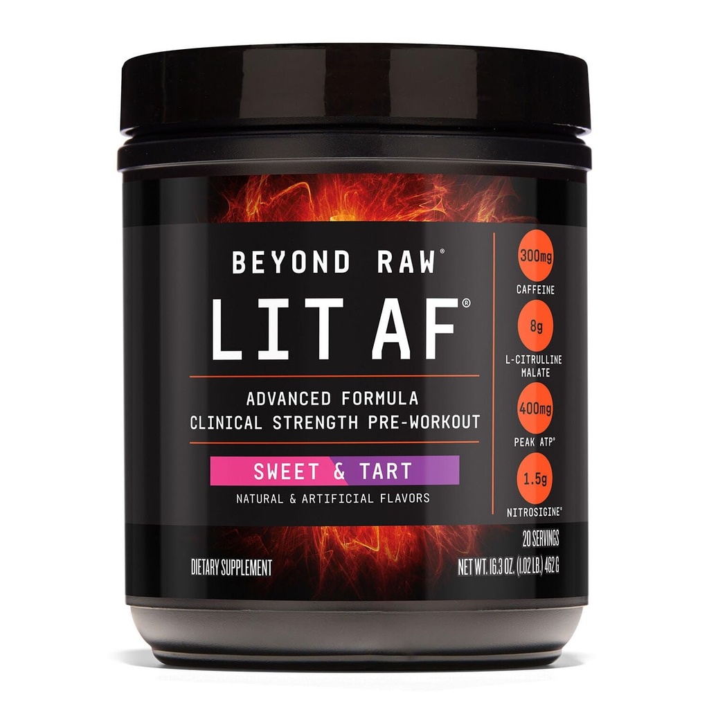 BEYOND RAW LIT Advanced Pre Workout Formula, Sweet and Tart, Energy, Focus, Endurance, Pumps, 300mg Rapid 및 Targeted Release Caffeine, Creatine, Betaine, Beta Alanine, Taurine, 20 서빙
