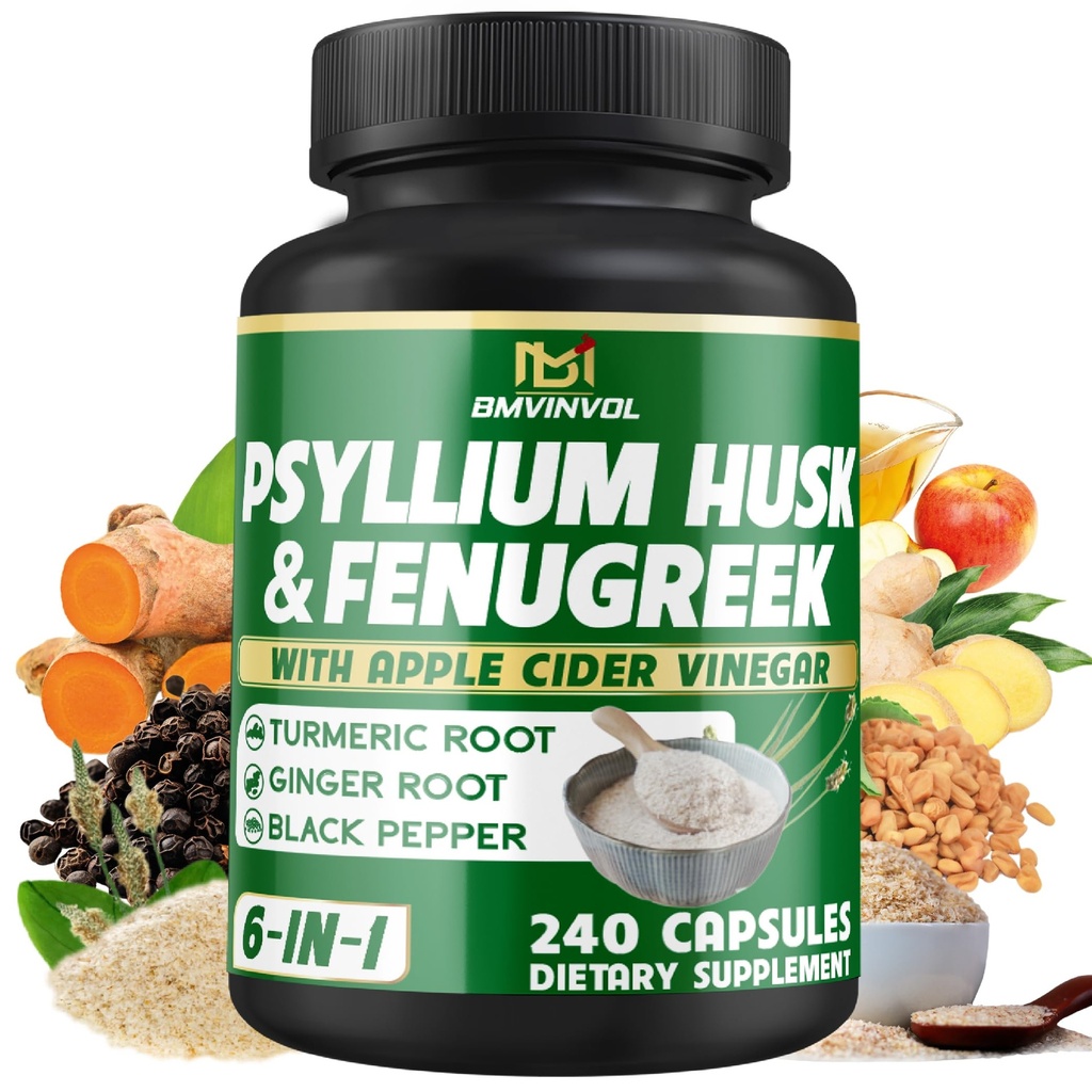 BMVINVOL 심혈관 Husk 섬유는 Fenugreek, Apple Cider Vinegar, Turmeric, Ginger, 까만 고추 소화 건강 지원을 가진 보충교재 - 240의 캡슐을 보충합니다