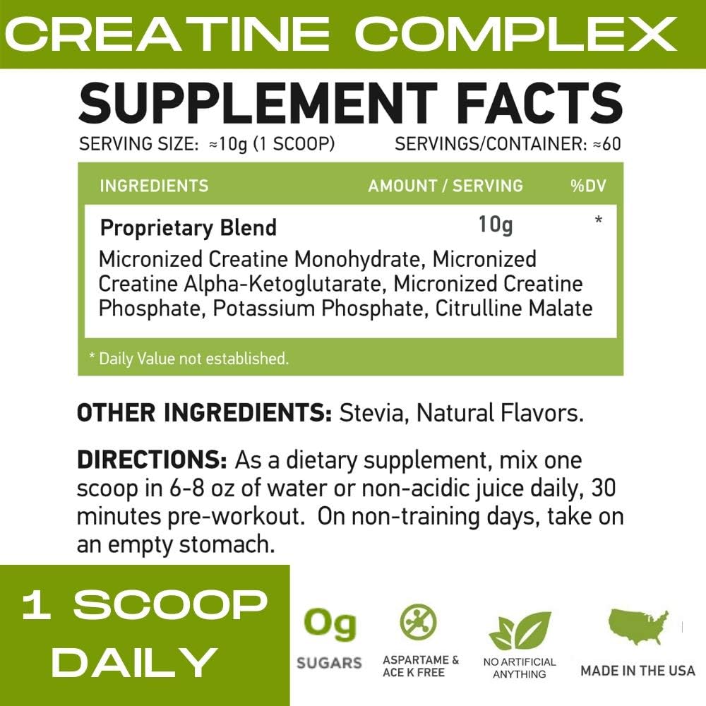 MFL 근육 크레아틴 | 3가지 형태의 Micronized Creatine | 10g | 0 Sugar | Stevia | All-Natural | 60 인분