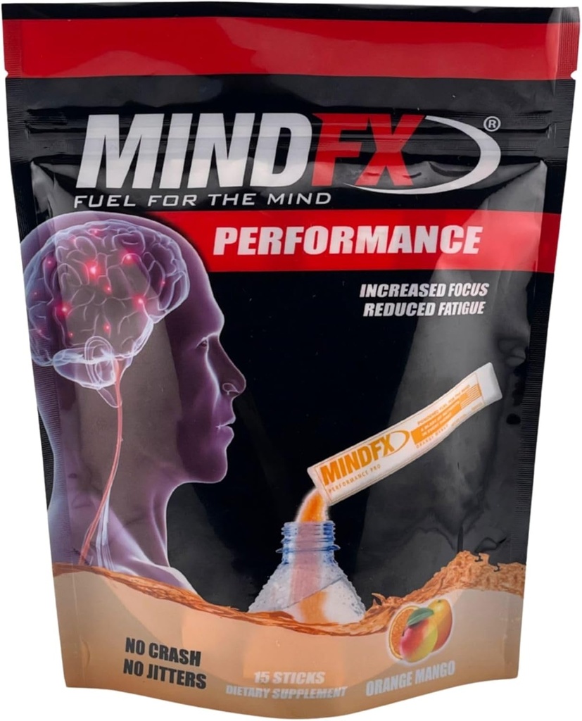 MindFX Energy Powder Drink Mix - 15 Sticks Orange Mango Performance Blend | Clean Energy를 위한 Natural Nootropics, 향상된 Focus | 성능 향상 (오렌지 망고, 1)