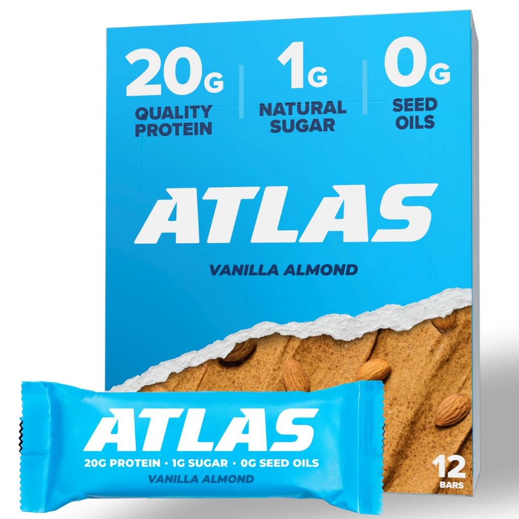 Atlas Protein Bar, 20g Protein, 1g Sugar, Clean Ingredients, 글루텐 프리, 바닐라 알몬드 (12 개, 팩 1)