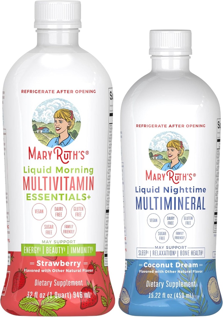 MaryRuth의 액체 모닝 Multivitamin (Strawberry) 및 액체 야간 멀티 무기 (Coconut, 15oz) | Clean Label Project Verified® | 에너지, Bedtime Routine 및 전반적인 건강에 대한 채식 비타민