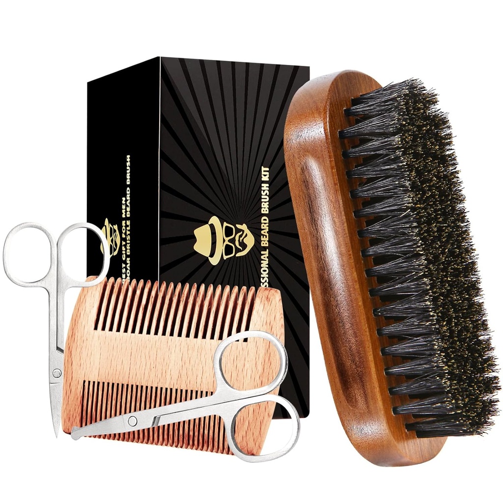 남자, Boar Bristle Black Walnut Wood Beards 및 Mustaches Grooming Set를 위한 곰진 솔, Beard Comb, Mustache 가위 및 여행 부대