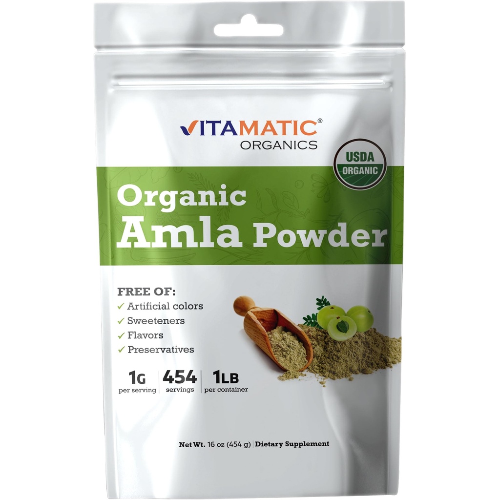 Vitamatic 공인 USDA 유기 Amla 베리 분말 – 1 lb (16 oz) Amalaki | 자연 비타민 C 및 산화 방지제 풍부한 | 면역력 지원 | 글루텐 프리, 비 GMO, 고스허