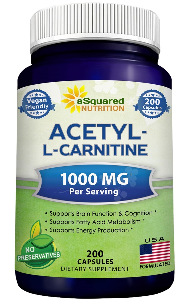 aSquared 영양 Acetyl L 카르니틴 1000mg 최대 힘 - 200의 Veggie 캡슐 - 순수한 에너지, 뇌 기능 & 지방산을 지원하는 높은 노출량 아세틸 L 카르니틴 HCL (ALCAR) 보충교재 알약