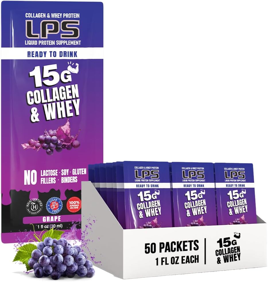 영양 디자인 LPS 액체 교원질 & Whey 단백질 보충교재 - 비 GMO 음료, 설탕 자유로운 - 남자 & 여자를 위한 건강한 피부 & 머리, 포도, 단 하나 Serve (50의 소포)를 승진시킵니다