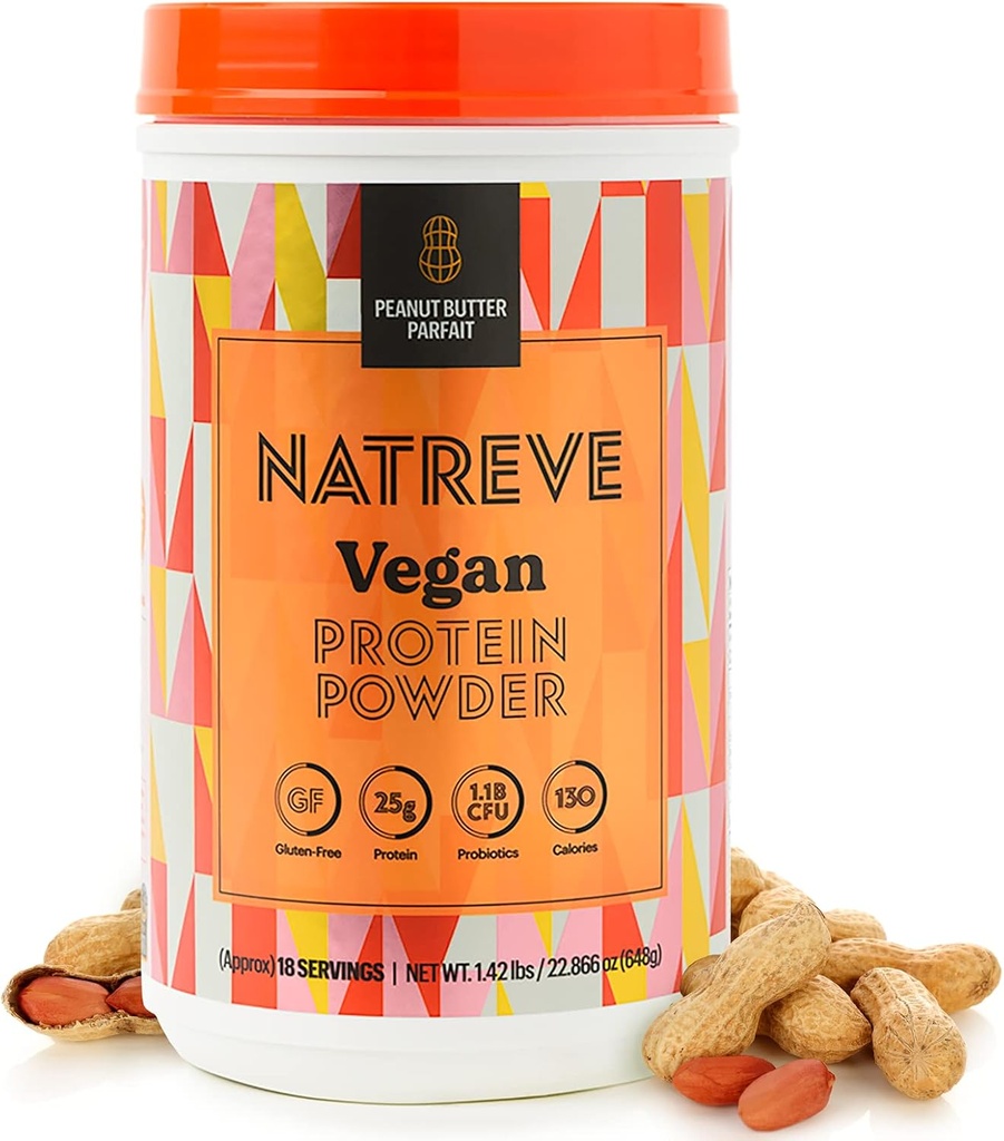 Natreve Vegan Protein Powder - 25g Plant Probiotics 및 아미노산이있는 단백질 분말 - 글루텐 무료 땅콩 버터 파르페, 18 서빙
