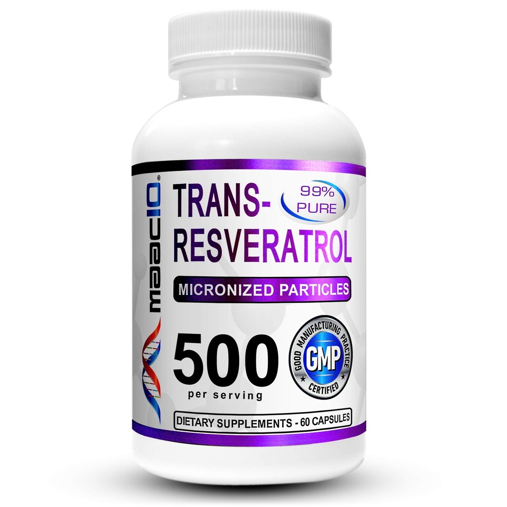 MAAC10 트랜스 Resveratrol 500mg 보충교재 (Micronized 약제 급료 99% 순수한 trans-Resveratrol 추출물 + 우량한 흡수를 위한 BioPerine) (2X 250mg 캡슐 60ct)