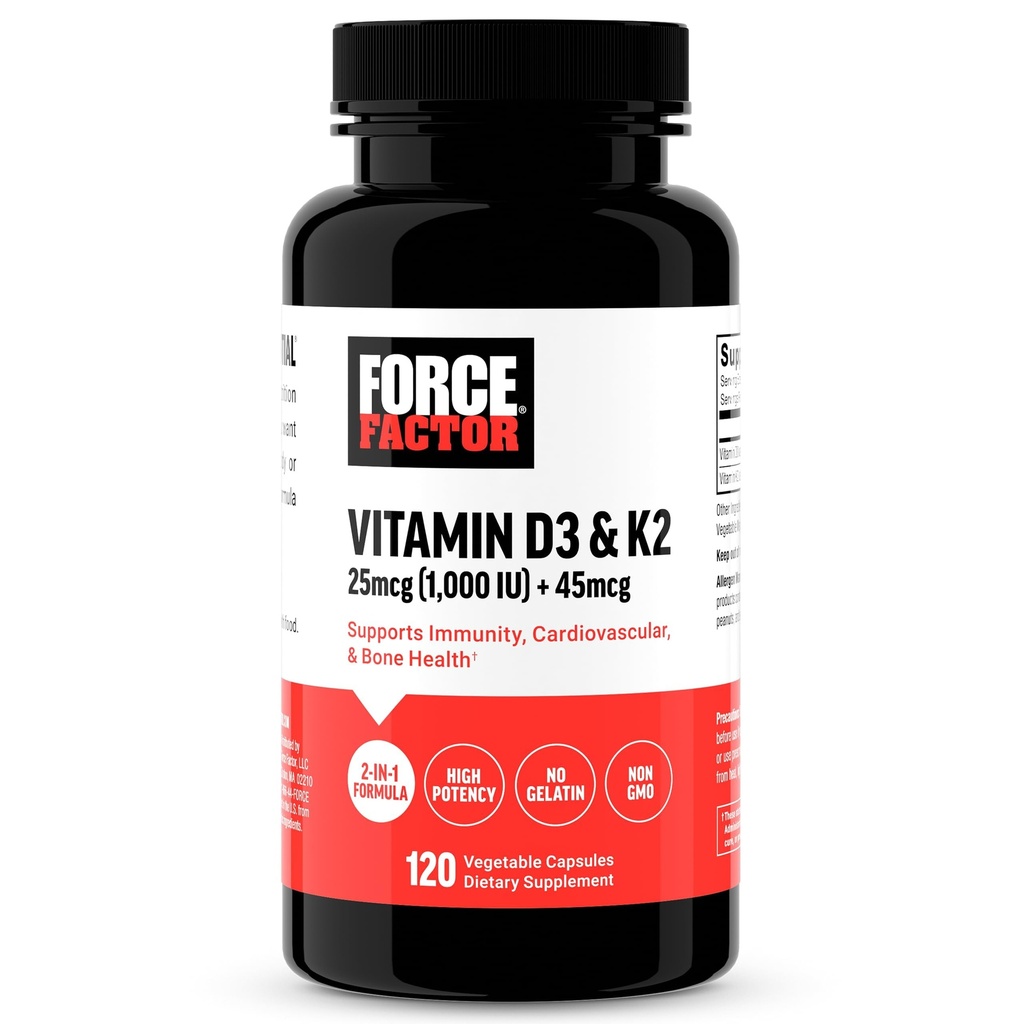 FORCE FACTOR 비타민 D3 K2 지원 면역, 심장 건강, 뼈 지원, 그리고 더 많은, 높은 순수성 2-in-1 공식, Vegan, 젤라틴 없음, 비 GMO, 120의 캡슐