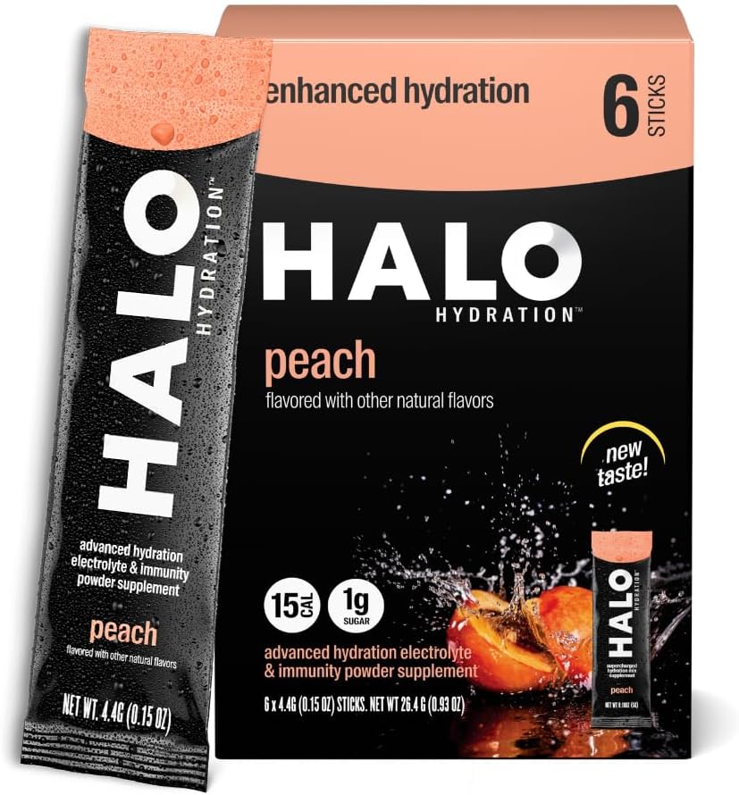 Halo Hydration Electrolyte Powder Packets - 복숭아 - 6 서빙 (5g 각) - 낮은 설탕 + 필수 비타민 + 미네랄과 유기 히스 음료 - Vegan
