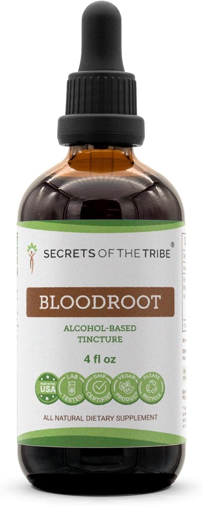Tribe Bloodroot 알코올 Tincture 추출물의 비밀, 책임감있게 농장 혈액 뿌리 (Sanguinaria Canadensis) 건조 뿌리 Tincture 보충 (4 fl oz)