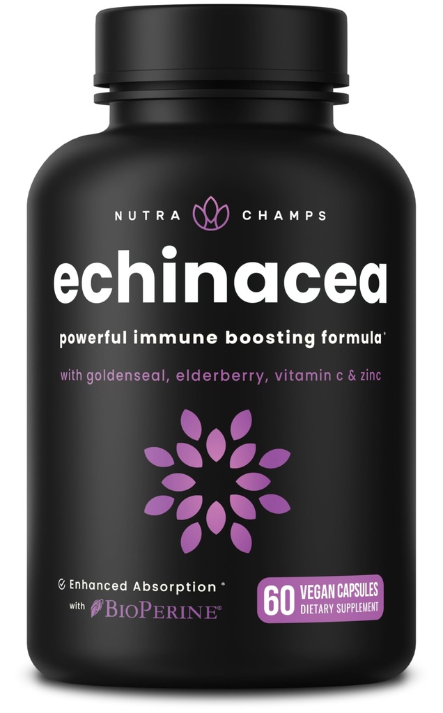 NutraChamps Echinacea 캡슐 1000mg - 8-in-1 면역 지원 보충교재 - Echinacea 황금, 비타민 C, 아연, 생강, Elderberry - 60 캡슐