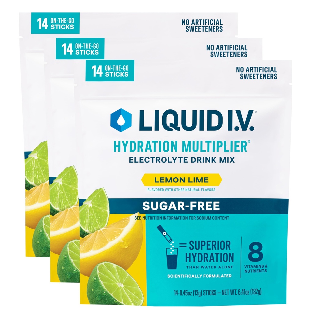 액체 I.V.® Hydration Multiplier® Sugar-Free - Lemon Lime - Hydration Powder Packets | Electrolyte Powder Drink Mix | 편리한 Single-Serving Stick | Non-GMO | 14 서빙 (팩 오브 3)
