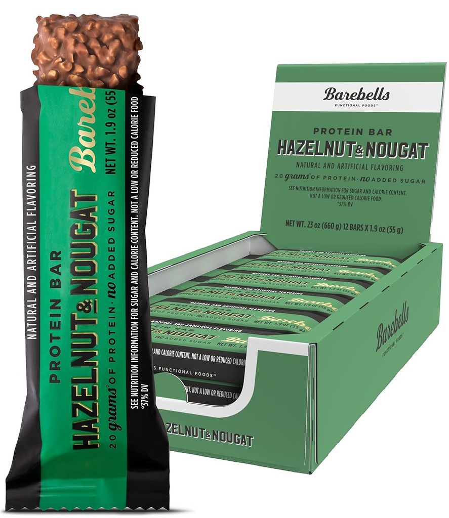 Barebells Protein Bars Hazelnut & Nougat - 12 Count, 1.9oz Bars - 고단백 20g의 단백질 스낵 - 설탕 1g의 초콜릿 단백질 바 - Go Protein Snack & Breakfast Bar