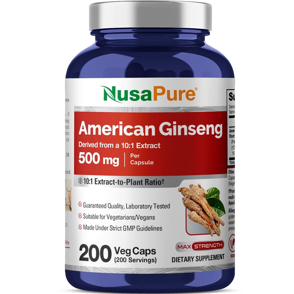 NusaPure 미국 인삼 10 : 1 추출물, 5000mg에 500mg 상당 - 200 Veggie 캡슐 (Vegetarian, Non-GMO, Vegan)