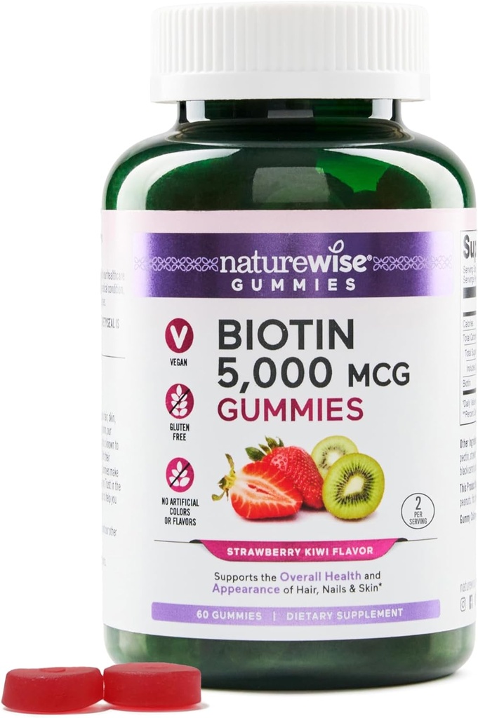 NatureWise Biotin Gummies - 건강한 머리, 피부 및 강한 손톱 지원 - 비타민 B7 5000mcg - 자연 아름다움 - Strawberry-Kiwi 맛 - Vegan, Non-GMO, 글루텐 무료 - 60 Count[30 Day Supply]
