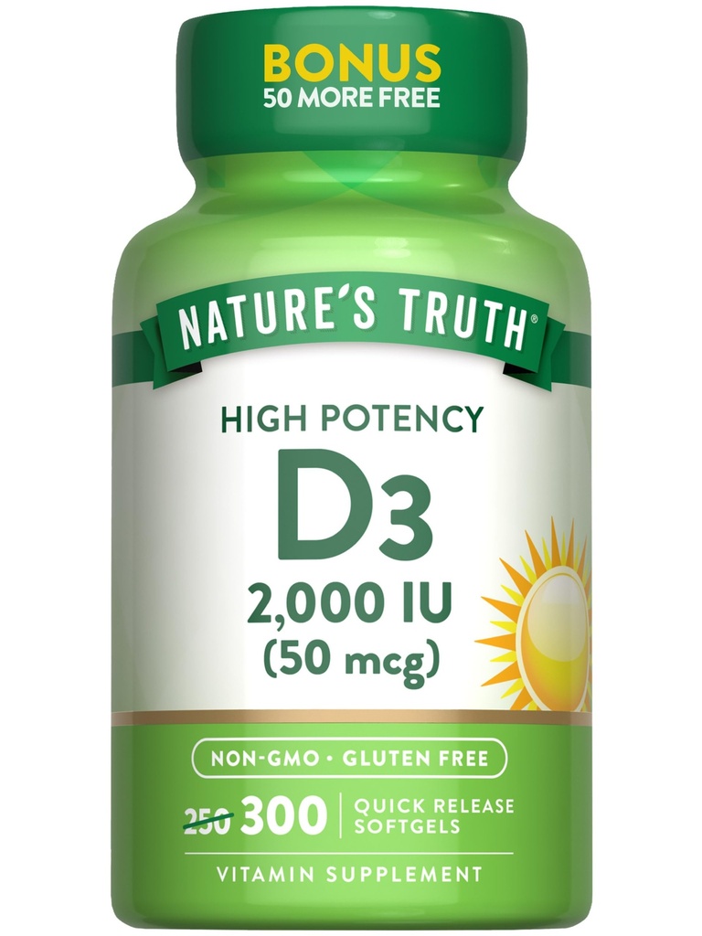 자연의 진실 비타민 D3 2000 IU | 300 Softgels | 높은 효능 공식 | Non-GMO & 글루텐 무료 보충