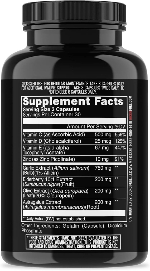 Jocko 연료 Immune 지원 보충교재 - 성인을 위한 아연 & 비타민 C를 가진 Elderberry - 비타민 C, D3, Superfoods, 허브, & 무기물 (90의 캡슐)를 가진 면역 방어