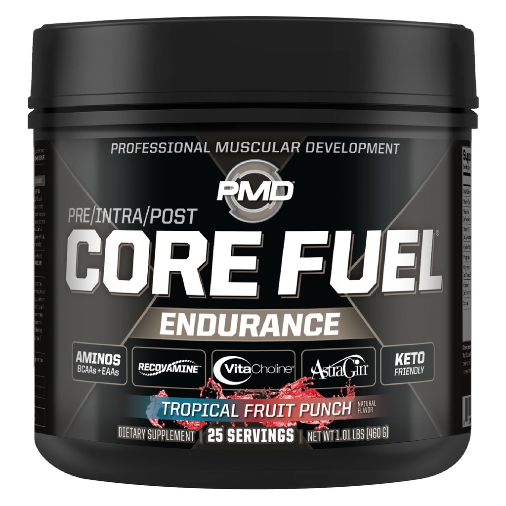 PMD 스포츠 핵심 연료 내구시간, 성과 & 회복 - BCAAs, EAAs, beta Alanine, Betaine 무수, 글루타민, Electrolytes - 근육 성장, 힘 - 자극 자유로운, 열대 과일 펀치 (25 봉사)