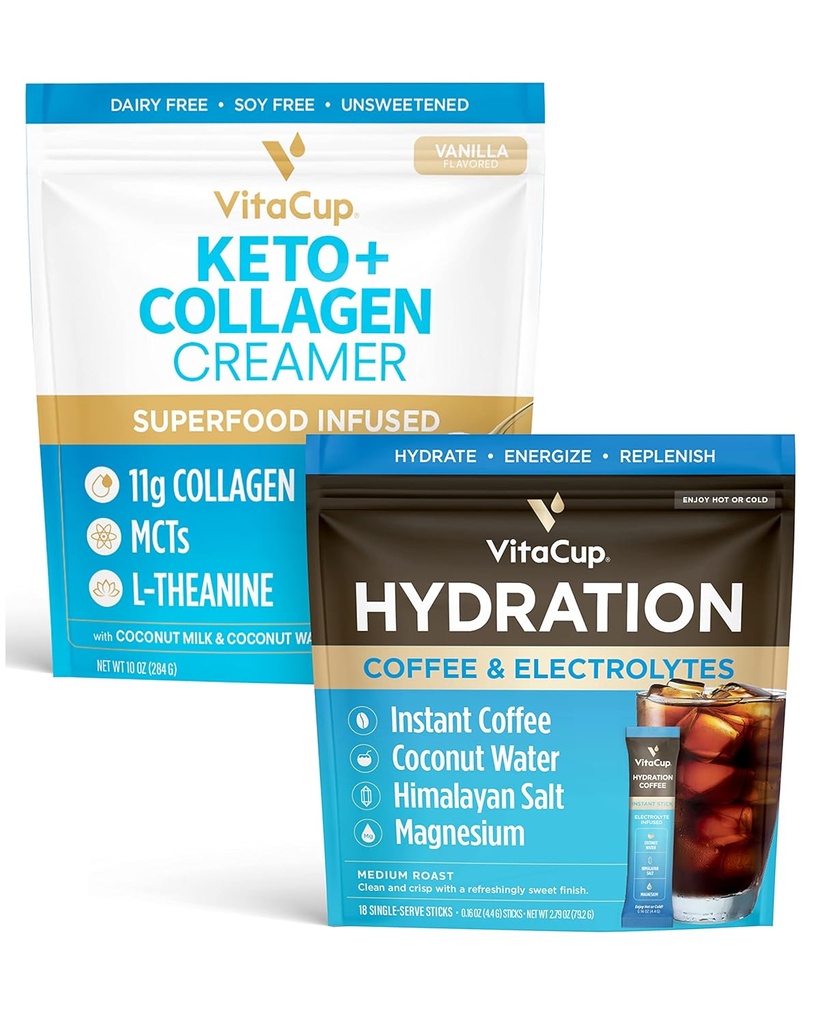 VitaCup Hydration 즉시 커피는 w/Electrolytes, 코코넛 물, 중간 로스트 18ct & Keto + Collagen 바닐라 커피 크림 w/슈퍼 푸드 & MCTs, 10 oz를 찌릅니다