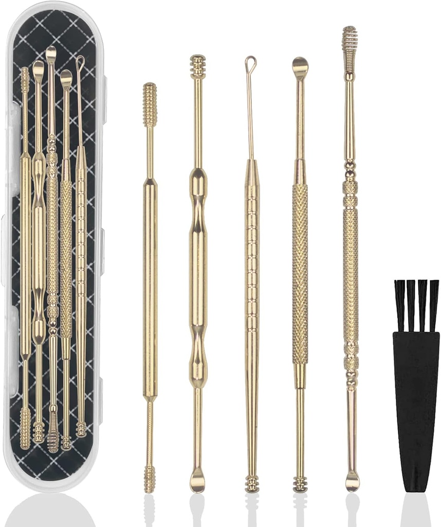 이온 6 PC는 귀 왁스 제거 장비, 직업적인 두 배 머리 귀 후비 Earwax 제거 공구, 청소 솔과 저장 상자를 가진 316L 스테인리스 귀 세탁기술자 Curette, Kid 성인 (금)를 위한 Suit를 확장했습니다